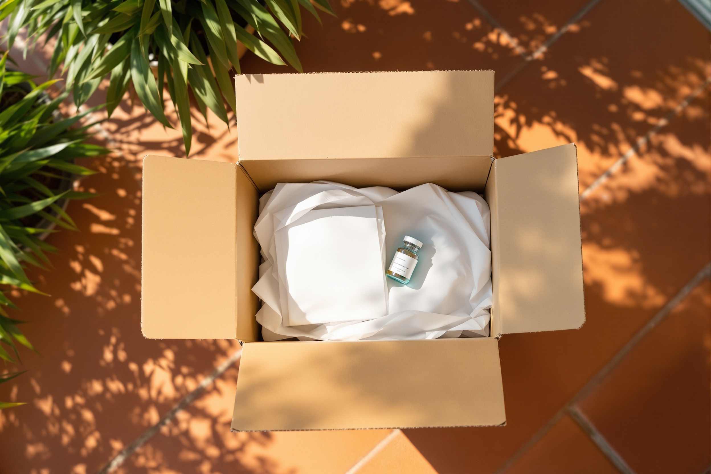 Medication or Treatment Ships If Prescribed Open shipping box with medication vial on a residential doorstep — discreet home delivery of clinician-prescribed medication through WellPeps