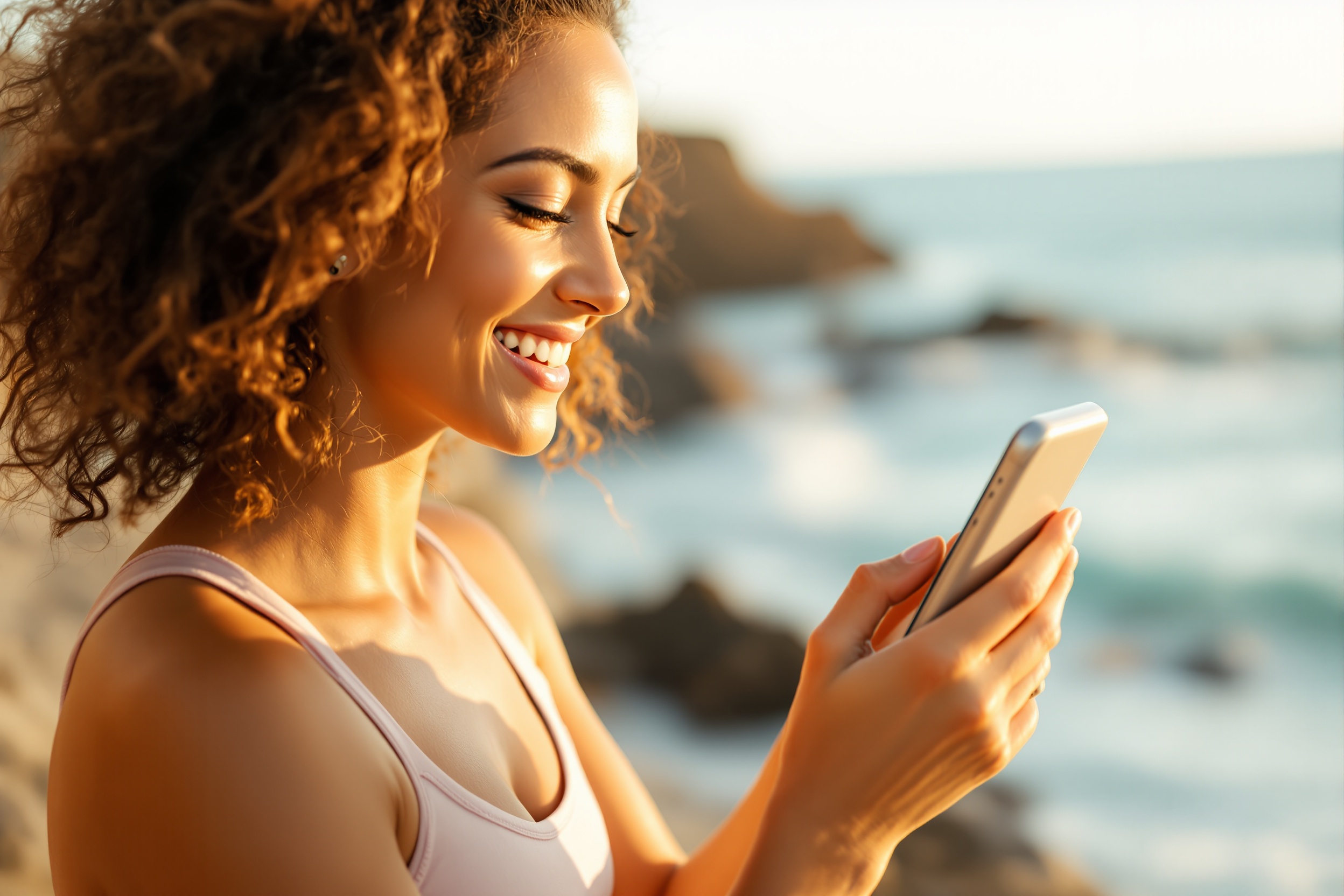 Continue With Follow-up and Support Healthy woman smiling outdoors near the ocean — representing ongoing clinician follow-up and sustained results through telehealth care with WellPeps